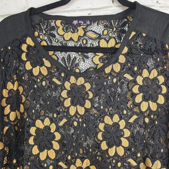 WOMENS LILY BY FIRMIANA BLACK LACE SHEER DRESS GOLD FLOWERS BELL SLEEVE XL - Picture 3 of 7